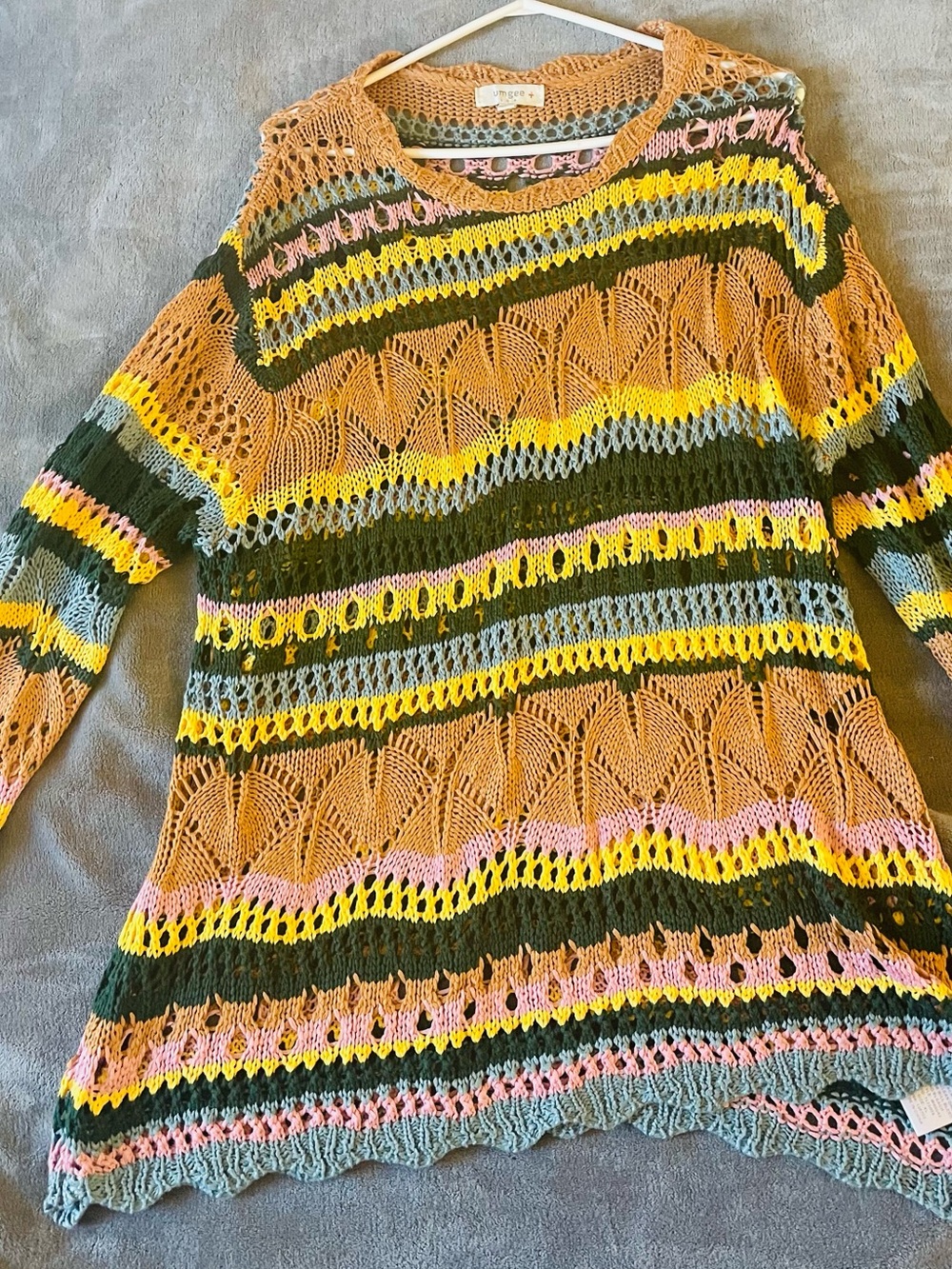Umgee Open-Knit Striped Crewneck Sweater in Mustard, Olive, Pink & Sky